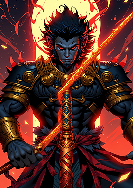 Monkey King Warrior with Fiery Staff
