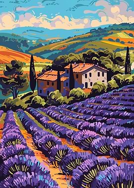 Lavender Field Tuscan Villa Abstract Minimalist Illustration