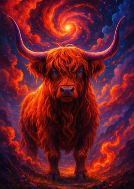 Fiery Highland Cow with Cosmic Background