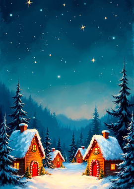 Winter Village Under Starry Night Sky