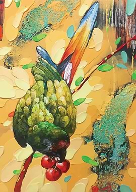 Vibrant Parrot Eating Cherries Painting