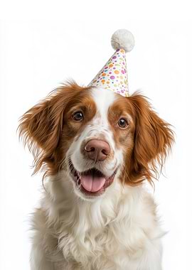 Irish Red and White Setter Dog with Party Hat