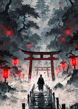 Samurai in Forest with Torii Gates