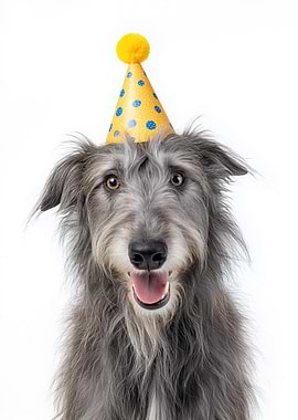 Scottish Deerhound Dog with Birthday Hat