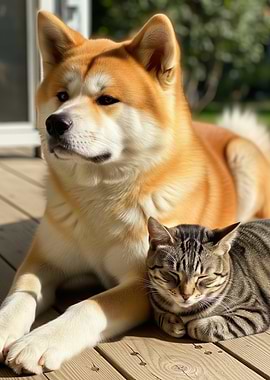 Akita Dog and Cat Friendship Portrait