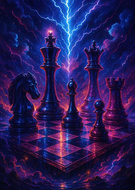 Chess Pieces with Lightning Background
