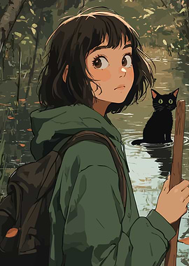 Girl and Black Cat in Forest Stream