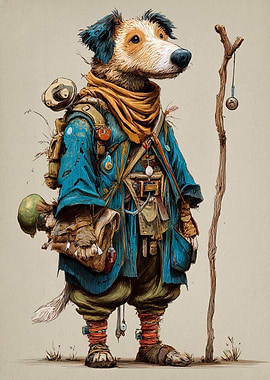 Dog Adventurer with Backpack and Staff