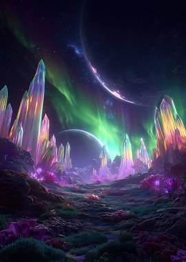 Crystal Planet Landscape with Aurora