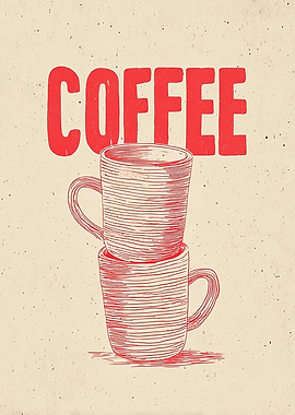Coffee Cups Stacked Red Line Art