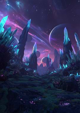 Alien Crystal Landscape with Planets