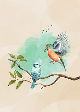Watercolor Birds on Branch Illustration