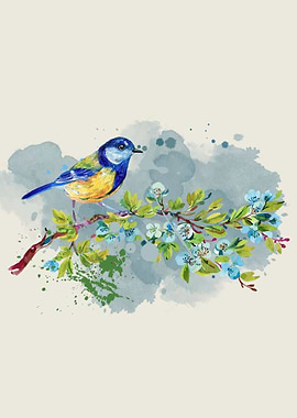 Watercolor Bird on Blossoming Branch