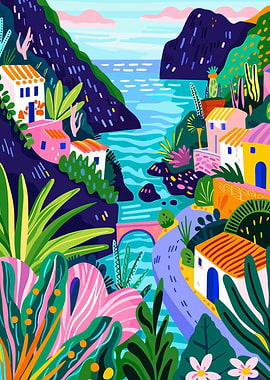 Colorful Scenic European Coastal Village Illustration