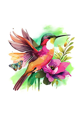 Watercolor Hummingbird with Butterfly and Flower