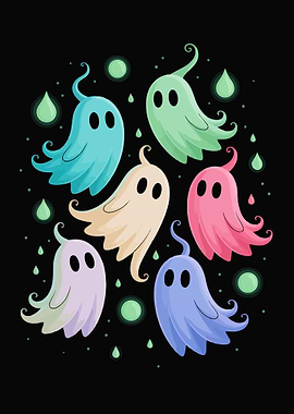 Colorful Cartoon Ghosts on Black Background