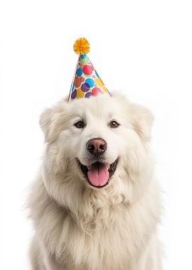 Happy Kuvasz Dog with Party Hat