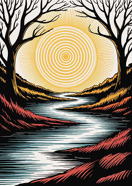 River Landscape with Sun and Trees