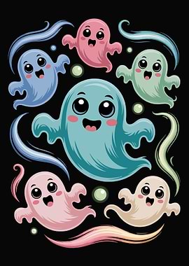 Cute Cartoon Ghosts on Black Background