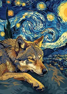 Wolf dreams under Starry Night sky