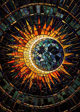 Solar Eclipse Mosaic - Radiant Sun and Moon Stained Glass