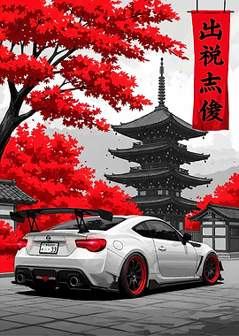 White Sports Car in Japanese Landscape