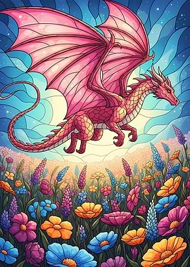 Pink Dragon Over Flower Field