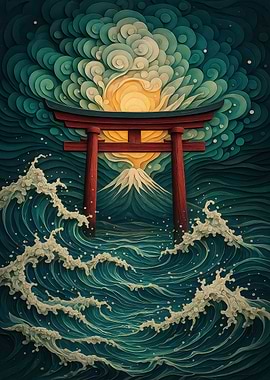 Japanese Torii Gate and Ocean Waves