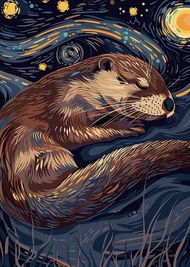 Sleeping Otter in Starry Night Style