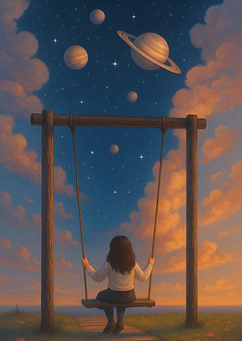Girl on Swing Under Planets