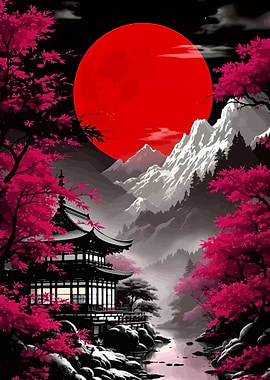 Japanese Landscape with Pagoda and Red Moon