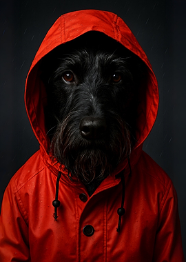 Dog in Red Raincoat Portrait