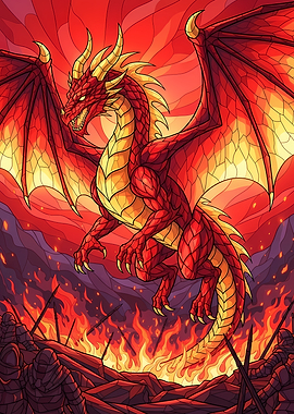 Red Dragon in Fiery Battle Scene