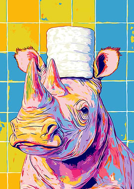 Colorful Rhino with Toilet Paper Hat