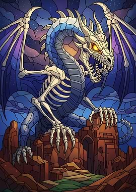 Skeletal Dragon Stained Glass Illustration