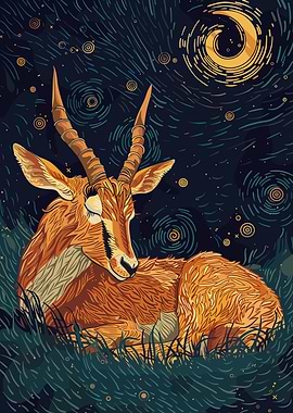 Resting Antelope Under Starry Night