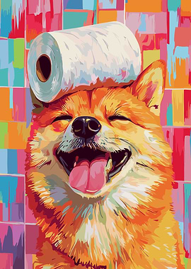 Happy Dog with Toilet Paper Hat