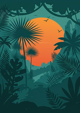 Tropical Jungle Sunset Illustration