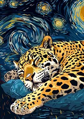 Jaguar Sleeping Under Starry Night Sky