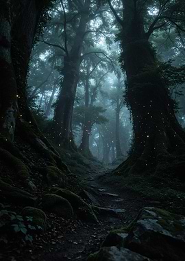 Mystical Forest Path with Fireflies