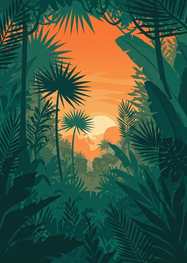 Lush Jungle Sunset Illustration