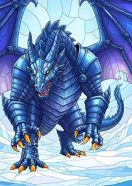 Armored Blue Dragon in Snowy Landscape