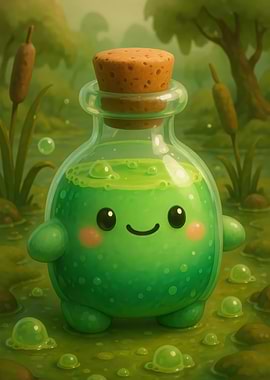 Cute Potion Bottle Character in Swamp