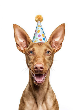 Pharaoh Hound Dog with Birthday Hat