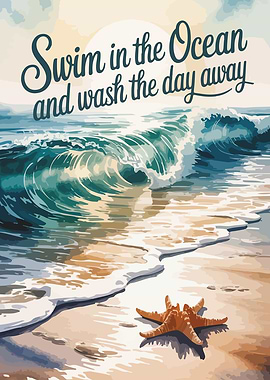 Ocean Wave and Starfish Beach Scene