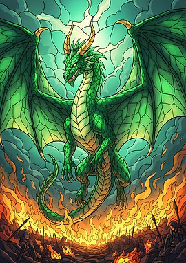 Green Dragon over Battlefield Illustration