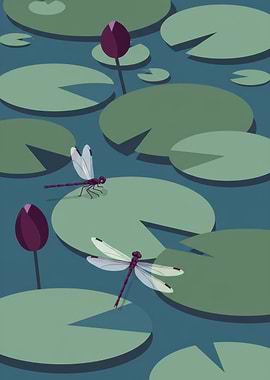 Dragonflies on Lily Pads Illustration