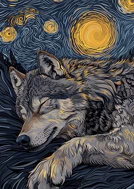 Sleeping Wolf Starry Night Art