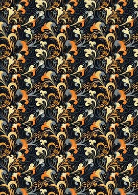 Floral Pattern with Swirls on Black