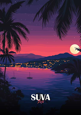 Suva Fiji Tropical Nightscape Illustration
